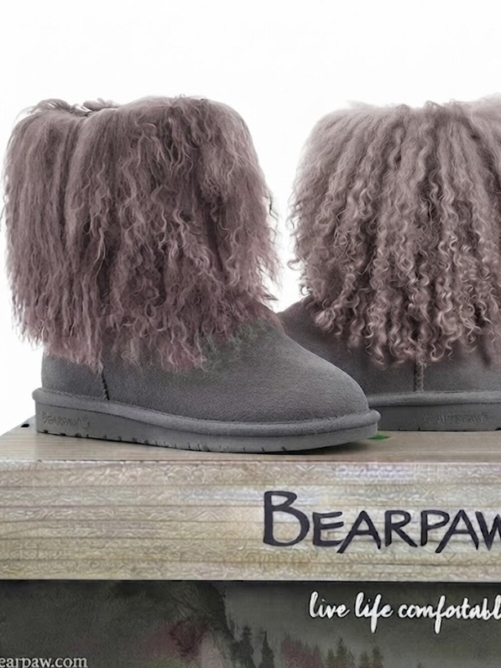 Bearpaw Boo Gray Shearling Wool Curly Lamb Fur Boho Sherpa Boots Women's 6 NEW